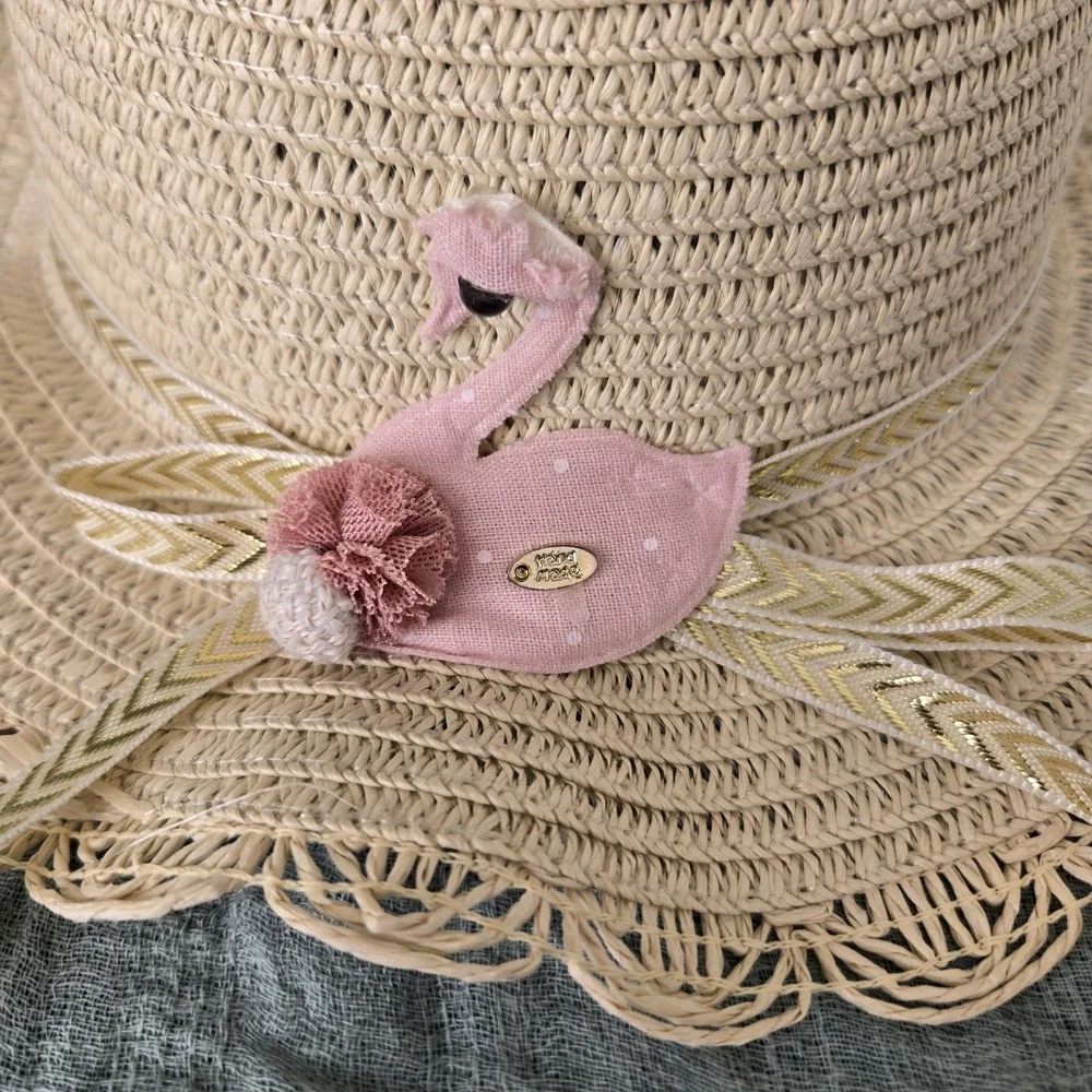 Girl's Spring Easter Straw‎ Scalloped Brim Hat Pink Swan Chin Strap